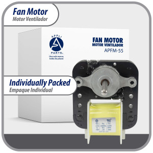 Appli Parts APFM-55 18 W Fan Motor, 110 V, 50/60 Hz, 0.38 A, 3000 rpm, CW rotation Universal replacement intended for Refrigerator Evaporator, Blade not included replaces original part numbers WR60X203, 305540, PS304745, WR60X0191, WR60X0203, WR60X191 and