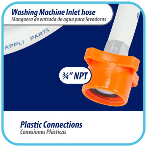 Appli Parts APIH-5934E2 Manguera 1.5m Entrada de Agua Lavadora conector 3/4 pulg Nylon Hembra Recto y Conector Hembra Codo de 90 grados con sellos, Blanca de PVC extra Resistente