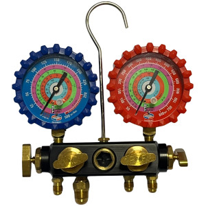 Uniweld Q4N85SMEZ Manometro Alumino 4 Valvulas R410a,R134a,R22, Mangueras 5 ft Soft Magic, EZ-Turn Anti-BlowBack 