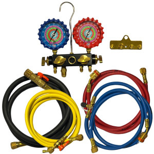 Uniweld Q4N85SMEZ Manometro Alumino 4 Valvulas R410a,R134a,R22, Mangueras 5 ft Soft Magic, EZ-Turn Anti-BlowBack 