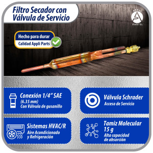 Appli Parts APFD-115S 10 Unidades de Filtro Secador con conexion 1/4 x 1/4 pulg 15 gramos, con valvula de gusanillo, para uso en sistema de refrigeracion y aire acondicionado