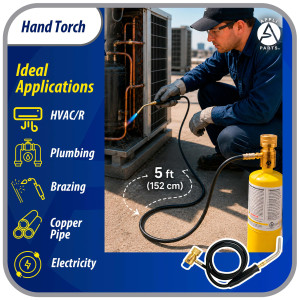 Appli Parts APHT-3W single burner hand torch with 5 ft hose and handle for soldering welding and brazing with map or propane fuel for HVAC and Plumbing 