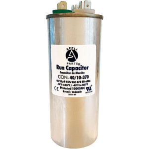 Appli Parts Dual Run Capacitor for ac 40+10 Mfd uF (microfarads) 370VAC CBB65 Round Universal fit for hvac and other applications 2 in Wide 5-1/8 in Height CON-40/10-370-R 