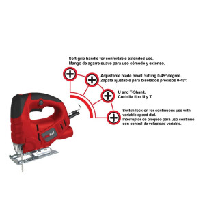Sierra Caladora Promaker PRO-SC400 Voltaje - Frecuencia 120V - 60Hz Potencia 400W Velocidad 800-3000cpm Ángulo de corte 0-45 Capacidad de corte 55mm (madera) 6mm (metal) Cable 2m