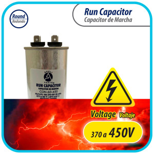 Appli Parts Condensador Capacitor de Marcha 60 Mfd uF (microfaradios) 370VAC o 450VAC CBB65 Universal Aire acondicionado y otras aplicaciones Redondo UL E476928 13.8cm Alto 5.1cm Ancho CON-60-450