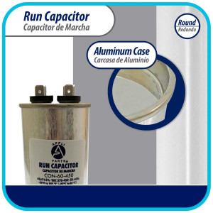 Appli Parts Condensador Capacitor de Marcha 60 Mfd uF (microfaradios) 370VAC o 450VAC CBB65 Universal Aire acondicionado y otras aplicaciones Redondo UL E476928 13.8cm Alto 5.1cm Ancho CON-60-450
