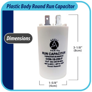 Appli Parts Condensador Capacitor de Marcha 16 Mfd uF (microfaradios) 250VAC CBB60 Cuerpo plastico para bombas de agua y otras aplicaciones Redondo UL E476928 8 cm Alto 4 cm Ancho CON-16-250-P