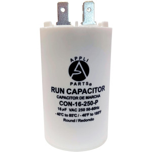 Appli Parts Run Capacitor for electric motors 16 Mfd uF (microfarads) 250VAC Plastic Case with terminals CBB60 Round Universal fit water pumps and others 3-1/8 in High 1-5/8 in Wide CON-16-250-P