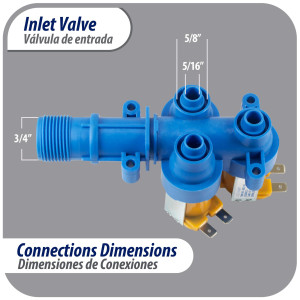 Appli Parts APIV-1311 Valvula para lavadora 1 Entrada 3/4 pulg NPT por 3 Salidas 5/16 pulg 110V-120 V, 50/60 Hz, remplazo para modelos Mabe, Olimpia, 189D3116P017, 189D3116P016, 189D3116P005, WW01F00794