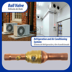 Appli Parts APBV-078 Valvula de Cierre 7/8 pulg tipo Bola de conexion soldable con puerto de servicio SAE de 1/4 de pulg presion maxima de trabajo 610 psi temperaturas de -30 C a 120 C longitud total 200 mm