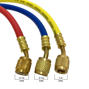 Appli Parts APMG-A1A36S Manometro R410, Escala Dual Presion Kpa/psi, Dual Temperatura Fahrenheit/Centigrado, Cuerpo Aluminio con Mirilla, incluye Mangueras 90cm 5/16 SAE Rojo y Azul, 1/4 SAE Amarillo