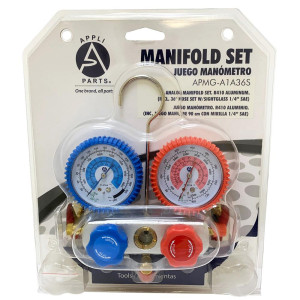 Appli Parts APMG-A1A36S Manometro R410, Escala Dual Presion Kpa/psi, Dual Temperatura Fahrenheit/Centigrado, Cuerpo Aluminio con Mirilla, incluye Mangueras 90cm 5/16 SAE Rojo y Azul, 1/4 SAE Amarillo