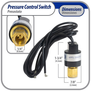 Appli Parts APPS-350250 Hi Pressure control Switch R22, Open 350 psi, Close 250 psi, 40 in Cable, SPST, 1/4 SAE female connection, Automatic Reset, universal replacement for Air Conditioning Applications 