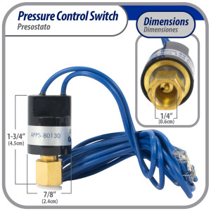 Appli Parts APPS-80130 Valvula Presostato R410 Baja, Abre 80 psi, Cierra 130 psi, 1 m Cable, SPST, 1/4 SAE Hembra, Reset Automatico, remplazo Universal para Aire Acondicionado