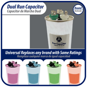 Appli Parts Dual Run Capacitor for ac 35+10 Mfd uF (microfarads) 370VAC or 450VAC Round Universal fit for hvac and other applications 5-1/4 in High 2 in Wide CON-35/10-450 