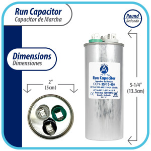 Appli Parts Dual Run Capacitor for ac 35+10 Mfd uF (microfarads) 370VAC or 450VAC Round Universal fit for hvac and other applications 5-1/4 in High 2 in Wide CON-35/10-450 