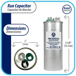 Appli Parts CON-20/5-450 Condensador Capacitor de Marcha 45+7.5 Mfd uF (microfaradios) 370VAC o 450VAC CBB65 Universal Aire acondicionado y otras aplicaciones Redondo UL E476928 13.7cm Alto 5cm Ancho