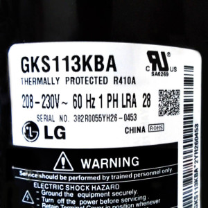 Compresor Lg Rotativo 12.000 Btu R410 208-230V/1Ph/60Hz OLP Interno (Incluye Cobertor, Sello, Arandela, Tuerca, Asiento de Goma) Capacitor 25mfd/370VAC Not Included Lg GK113K / GKS113KBA