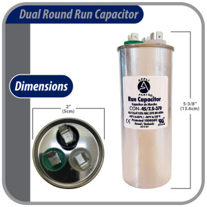 Appli Parts Condensador Capacitor de Marcha 45+7.5 Mfd uF (microfaradios) 370VAC CBB65 Universal Aire acondicionado y otras aplicaciones Redondo UL E476928 5cm Ancho 13.6cm Alto CON-45/7.5-370-R