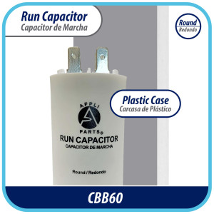 Appli Parts Run Capacitor for electric motors 15 Mfd uF (microfarads) 250VAC Plastic Case with terminals CBB60 Round Universal fit water pumps and others 3 in High 1-3/8 in Wide CON-15-250-P