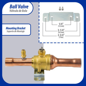 Appli Parts APBV-034 Valvula de Cierre 3/4 pulg tipo Bola de conexion soldable con puerto de servicio SAE de 1/4 de pulg presion maxima de trabajo 610 psi temperaturas de -30 C a 120 C longitud total 180 mm