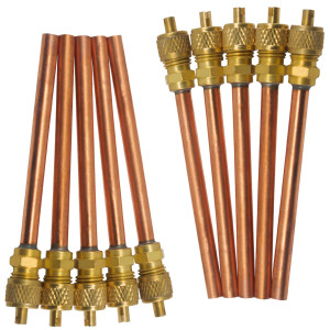 Appli Parts 10 Unidades Valvula de acceso de 1/4 SAE x 1/4 pulg OD x con vastago de cobre de 8cm de largo con nucleo y tapa de laton con removedor de nucleo y empacadura APVS-14143K10