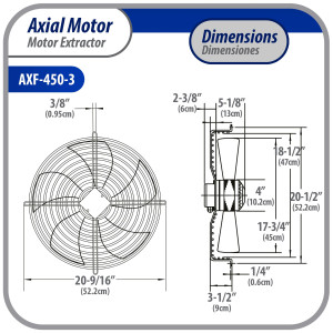 Appli Parts AXF-450-3 17-3/4 in Axial Fan Motor Guard Mounted Fan Blade 220 V, 3 Ph, 50-60 Hz, 300 W, 1600 rpm, Universal replacement for Cold Room Evaporators and Condensing Units, Work Temp -22 F to 140 F 