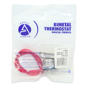Appli Parts APBT-L70C Bimetal Thermostat 2 Wire, Open 70 F and Close 50 F, With Clip, red and red colored wires, Reference BIM-70 / Thermodisc