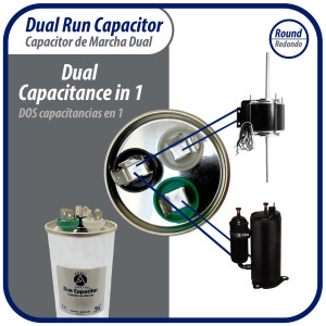 Appli Parts Dual Run Capacitor for ac 75+5 Mfd uF (microfarads) 370VAC or 450VAC CBB65 Round Universal fit for hvac and other applications 5-5/8 in High 2-1/4 in Wide CON-75/5-450