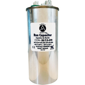 Appli Parts Dual Run Capacitor for ac 55+7.5 Mfd uF (microfarads) 370VAC CBB65 Round Universal fit for hvac and other applications 5-1/4in Height 2-1/4in Wide CON-55/7.5-370-R
