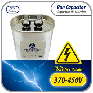 Appli Parts Run Capacitor for ac 5 Mfd uF (microfarads) 370 VAC or 450 VAC CBB65 Oval Universal fit for hvac and other applications 2-3/4in H 1-3/8in W 2-1/8in L CON-5-450-O