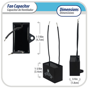 Appli Parts Condensador Capacitor de ventilador 6 mfd (microfaradios) uf 250VAC con 2 cables compatible con cualquier marca de igual capacitancia 4.7cm Ancho 1.8cm Prof 3.4cm Alto CAP-6-250-2C