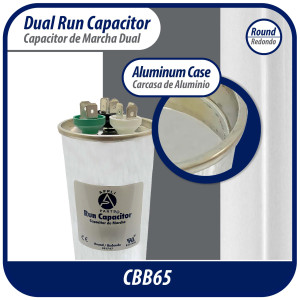Appli Parts Dual Run Capacitor for ac 60+7.5 Mfd uF (microfarads) 370VAC or 450VAC CBB65 Round Universal fit for hvac and other applications 5-1/4 in High 2-1/4 in Wide CON-60/7.5-450