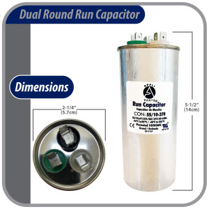 Appli Parts Dual Run Capacitor for ac 55+10 Mfd uF (microfarads) 370VAC CBB65 Round Universal fit for hvac and other applications 2-1/4 in Wide 5-1/2 in Height CON-55/10-370-R  