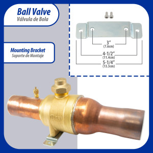 Appli Parts APBV-218 Valvula de Cierre 2-1/8 in tipo Bola de conexion soldable con puerto de servicio SAE de 1/4 in, presion maxima de trabajo 610 psi temperaturas de -30C a 120C longitud total 322mm