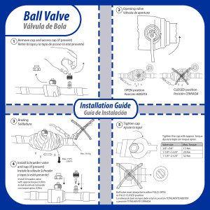 Appli Parts APBV-012 1/2 in Shut Off Ball Valve ODF Universal Replacement 610 psi (4.2 Mpa) max pressure -22 F to 248 F work temperature with 1/4 in SAE service port, with 6-1/2 in overall length
