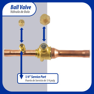 Appli Parts APBV-012 Valvula de Cierre 1/2 in tipo Bola de conexion soldable con puerto de servicio SAE de 1/4 in, presion maxima de trabajo 610 psi temperaturas de -30 C a 120 C longitud total 165mm