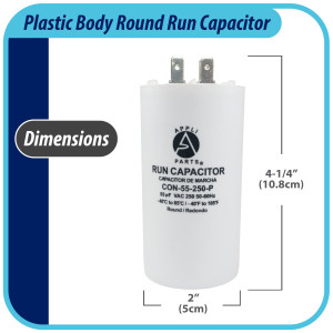 Appli Parts Condensador Capacitor de Marcha 55 Mfd uF (microfaradios) 250VAC CBB60 Cuerpo plastico para bombas de agua y otras aplicaciones Redondo UL E476928 10.8 cm Alto 5 cm Ancho CON-55-250-P