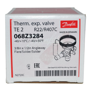Danfoss 068Z3284 1/4 - 5.5TR Cuerpo de Valvula Expansion, TE 2, R22, R407C, 3/8x1/2 in, Flare x Soldable, Ecualizacion Externa, Bi-Flow, -40 a 10 C, Capacidad determinada por Orificio Venta Separda