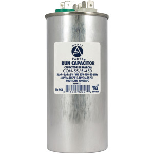 Appli Parts Dual Run Capacitor for ac 55+5 Mfd uF (microfarads) 370VAC or 450VAC CBB65 Round Universal fit for hvac and other applications 5-1/8 in High 2 in Wide CON-55/5-450