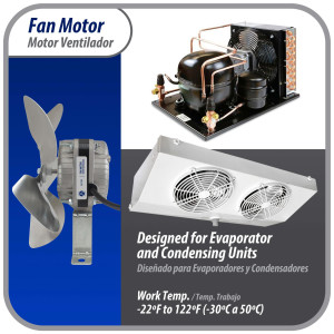 Appli Parts APFM-71E Motor Ventilador 7W Condensador y Evaporador 115V 60Hz 0.55A, Incluye Aspa de Aluminio de 20cm y Base de Montaje, Repuesto Universal para Equipos de Refrigeracion Comercial
