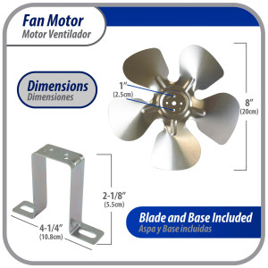 Appli Parts APFM-71E 7W Condenser and Evaporator Fan Motor 115V 60Hz 0.55A, Includes 8in Aluminum Fan Blade and Mounting Base, Universal Replacement for Commercial Refrigeration Units