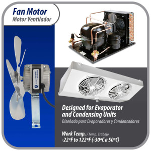 Appli Parts APFM-161E Motor Ventilador 16W Condensador y Evaporador 115V 60Hz 0.95A, Incluye Aspa de Aluminio de 25cm y Base de Montaje, Repuesto Universal para Equipos de Refrigeracion Comercial
