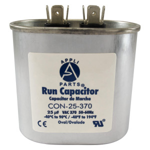 Appli Parts Run Capacitor for ac 25 Mfd uF (microfarads) 370VAC CBB65 Oval Universal fit for hvac and other applications 2-3/4 in Wide 1-3/4 in Depth 2-1/2 in Height CON-25-370 
