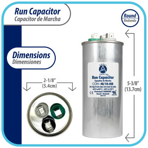 Appli Parts CON-40/10-450 Condensador Capacitor de Marcha 40+10 Mfd uF microfaradios 370VAC o 450VAC CBB65 Universal Aire acondicionado y otras aplicaciones Redondo UL E476928 13.7cm Alto 5.4cm Ancho