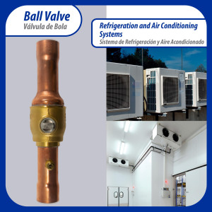 Appli Parts APBV-118 Valvula de Cierre 1-1/8 in tipo Bola de conexion soldable con puerto de servicio SAE de 1/4 in, presion maxima de trabajo 610 psi temperaturas de -30C a 120C longitud total 215mm