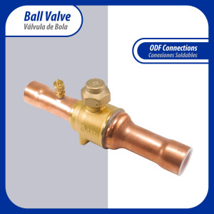 Appli Parts APBV-118 Valvula de Cierre 1-1/8 in tipo Bola de conexion soldable con puerto de servicio SAE de 1/4 in, presion maxima de trabajo 610 psi temperaturas de -30C a 120C longitud total 215mm