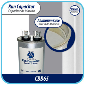 Appli Parts Condensador Capacitor de Marcha 55 Mfd uF (microfaradios) 370VAC o 450VAC CBB65 Universal Aire acondicionado y otras aplicaciones Redondo UL E476928 13.4cm Alto 4.7cm Ancho CON-55-450