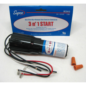 Supco RCO410 1/4 to 1/3 HP, 110 to 125VAC, 3 in 1 Solid-state Hardstart Relay, includes relay, overload, and start capacitor. Used refrigeration systems with or without run capacitors
 Supco RCO410 1/4 to 1/3 HP, 110 to 125VAC, 3 in 1 Solid-state Hardstart Relay, includes relay, overload, and start capacitor. Used refrigeration systems with or without run capacitors