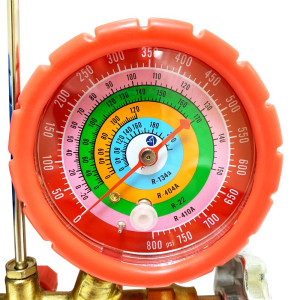 Appli Parts APMG-A3B36 Manometro R134,R22,R404,R410, Escala Presion psi, Escala Temperatura Fahrenheit, Cuerpo de Laton, Incluye adaptor 5/16 SAE a 1/4 SAE y Juego de Mangueras 90 cm 1/4 SAE